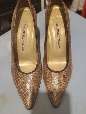 Martinez Valero Brown Snake-Print Pointed Toe Heels